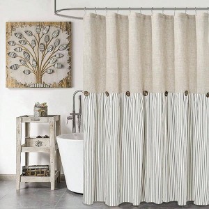 Farmhouse shower curtain, beige and gray stripe, button curtain, linen and cotton, rustic charm. - 1 of 4