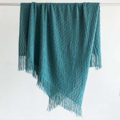 Blue Chevron Pattern Knit Throw Blanket with Fringe