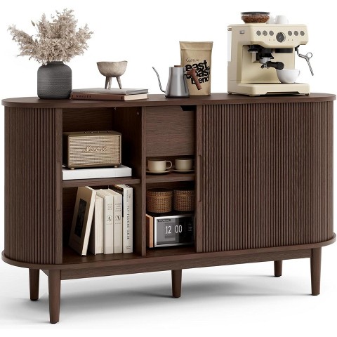 LINSY HOME Sideboard Buffet Cabinet with Storage, 55" Fluted Coffee Bar Cabinet with Tambour Sliding Doors and Drawer, Mid Century Modern Wood Storage Buffet