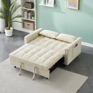 Modern Velvet Loveseat Futon Sofa Couch Pullout Bed, Small Love Seat Lounge Sofa w/Reclining Backrest, Toss Pillows, Pockets - 1 of 4
