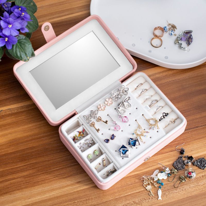 Pink Jewelry Travel Organizer Case with Mirror, Portable Storage Box Holder for Rings Earrings Necklaces, Gifts for Women, Pink, 3 of 9