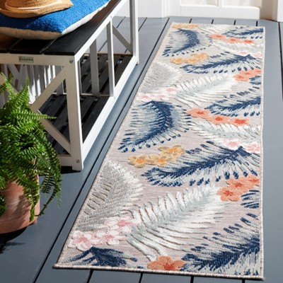 Gray and Navy Floral Synthetic Runner Rug