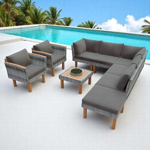 9-Piece Outdoor Patio Furniture Set with PE Wicker, Acacia Wood, Removable Cushions & Pillows, Multi-Functional Modular Sofa - 1 of 4