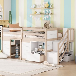 NicBex Twin Size Loft Bed Low Design Wooden Bed Frame with Drawer, Shelf, Storage Stair and Full Length Guardrail, No Box Spring Required - 1 of 4