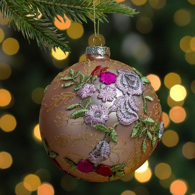 Pink Floral Applique Glass Ball Christmas Ornament with Gold Glitter