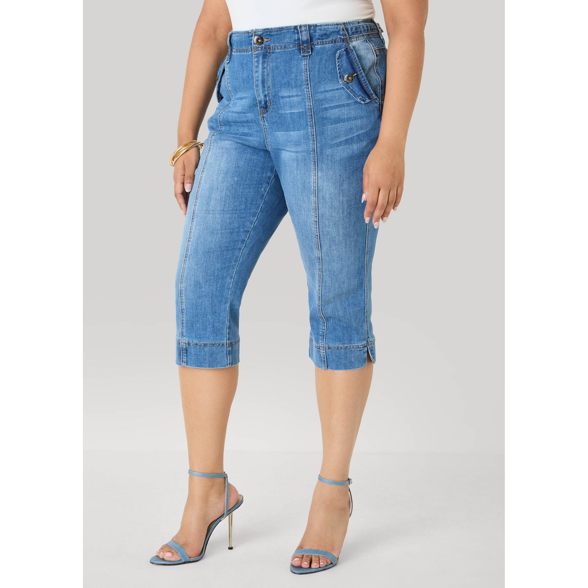 Women's Flap Pocket Seamed Denim Capris - Ashley Stewart