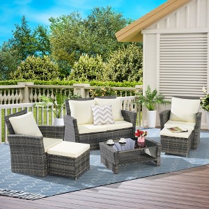 CAVINAS Patio Sofa Set, Wicker Lawn Chairs Set with Footstool, Modern Patio Sectional with Coffee Table for Garden - 1 of 4