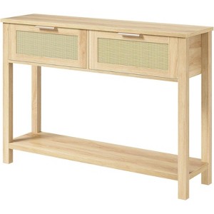 43'' Rattan Console Sofa Table, 2 Drawer Entryway Table with Synthetic Rattan Surface, Open Shelf, Behind Couch Entry Foyer Hallway Storage - 1 of 4