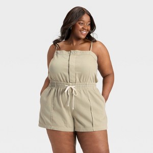 Women's Denim Beach Romper - Universal Thread™ Khaki Green - 1 of 3