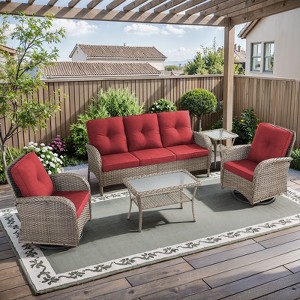 POCASSY 5 Pieces Outdoor Patio Furniture Set with Swivel Chair, Rattan Wicker Modern Patio Furniture Set Patio Couch and High Back Swivel Rocker - 1 of 4
