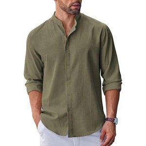 COOFANDY Men's Long Sleeve Oxford Dress Shirts Chambray Button Down Shirt Casual Band Collar Shirts - 1 of 4