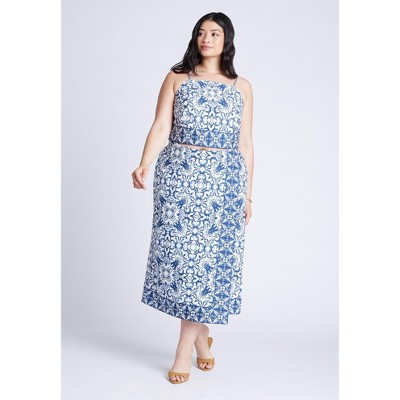 ELOQUII Women's Plus Size Border Print Midi Skirt