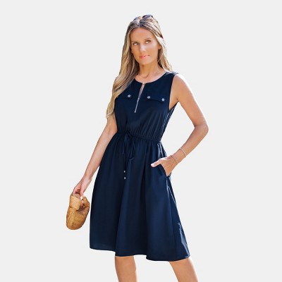 Women's Elegant Navy Sleeveless Midi Dress with Utility Pockets - Cupshe
