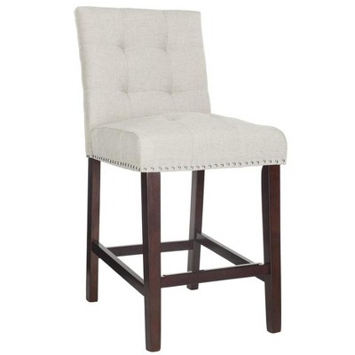 Light Grey Tufted Linen Counter Stools with Chrome Nail Head Trim