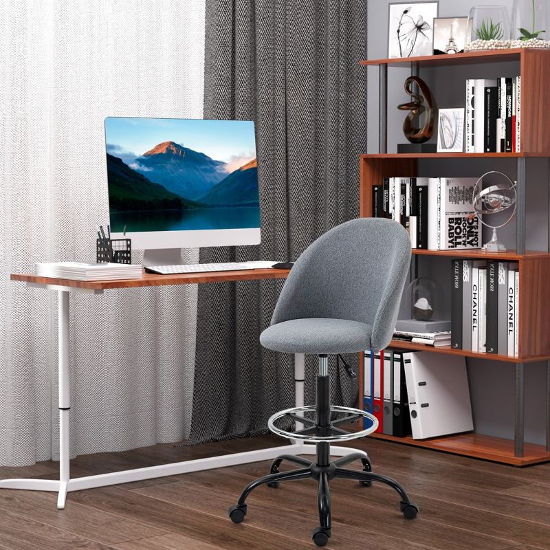 Vinsetto Ergonomic Rolling Drafting Chair for Standing Desk, Linen Office Stool with Adjustable Foot Ring and Steel Base, 3 of 7
