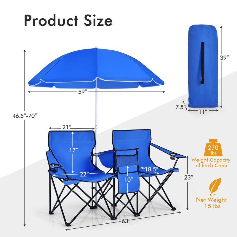 Costway Portable Folding Picnic Double Chair W/Umbrella Table Cooler Beach Camping Chair, 2 of 11