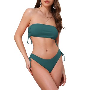 INSPIRE CHIC Women's Bandeau Drawstring Side Tie Ribbed Bikini Sets, Strapless Top Triangle Bottom Swimwear Bathing Suits 1 Set - 1 of 4