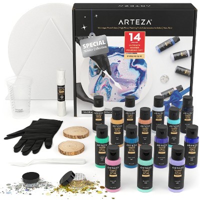 Arteza Acrylic Pouring Paint Kit, Including Canvases & Tools, 60ml Bottle Set - 14 Colors (ARTZ-3553)