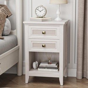 Heynemo Nightstand with 2 Rattan Drawers & Large Storage Shelf, Boho Wood End Table Organizer for Bedroom, Living Room - 1 of 4
