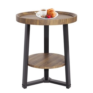 Round End Table, 19.69 in Wood Tabletop & Black Metal Frame, 2-Tier Side Table for Living Room, Bedroom - 1 of 4