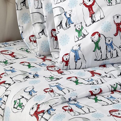 King Blue Polar Bear Print Micro Flannel Sheet Set