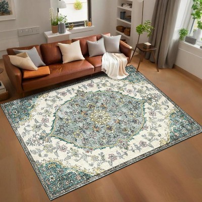 Washable Elegant Floral Rug, Thin Low Pile Carpet with Non-Slip Backing, Stain Resistant & Reinforced Edges for Living Room & Kitchen