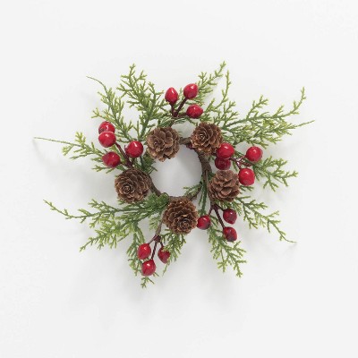 Sullivans 8" Artificial Cedar, Berry, and Pine Cone Christmas Mini Wreath, Green