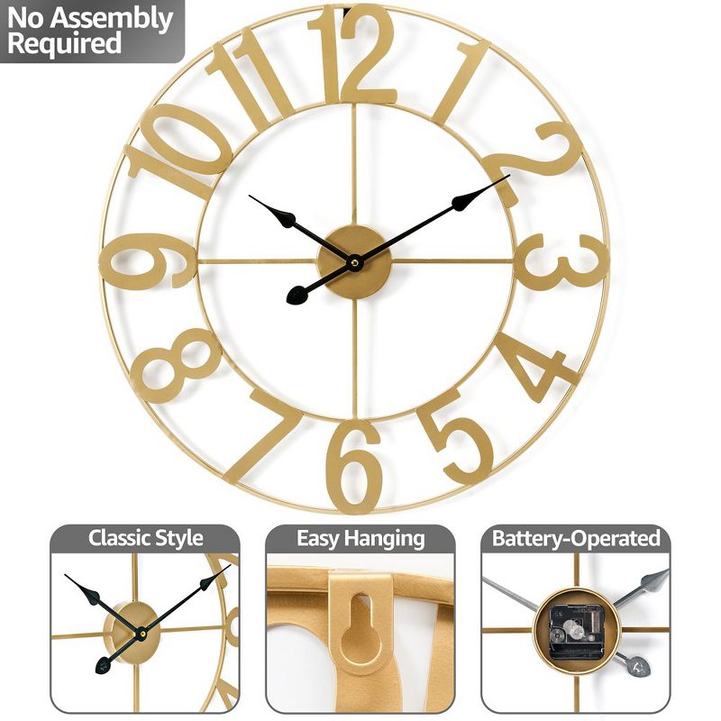 Sorbus Large Wall Clock for Living Room Decor - Numeral Wall Clock for Kitchen - 24 inch Wall Clock Decorative (Gold), 5 of 8
