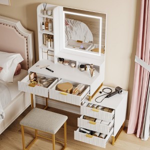 Makeup Vanity Set Modern Table Lighted Mirror Side Storage Cabinet  Vanity Desk Stool Small Table Shelves Drawers - 1 of 4