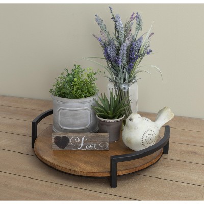 Rustic Brown Rubberwood Round Tray with Metal Handles