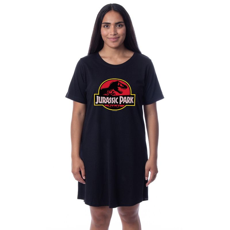 Jurassic Park Womens' Dinosaur Film Logo Nightgown Sleep Pajama Shirt Black, 1 of 4