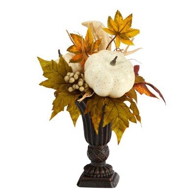 Nearly Natural 13-in Fall Pumpkin and Berries Artificial Autumn Arrangement in Decorative Urn