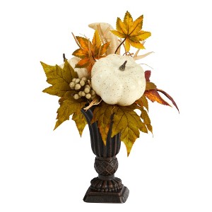 Nearly Natural 13-in Fall Pumpkin and Berries Artificial Autumn Arrangement in Decorative Urn - 1 of 4