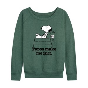 Women's - Peanuts - Snoopy Typos Make Me Sic Lightweight French Terry Wide Neck Long Sleeve Shirt - 1 of 4