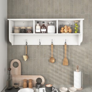MAYEERTY White Entryway Wall Mounted Coat Rack with 4 Dual Hooks & Living Room Wooden Storage Shelf - 1 of 4