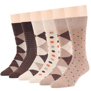 Men Cotton Patterned Dress Sock - 6 Pack - Argyle, Stripe, Dot - Shoe Size 9-12 L - Black, Brown, Navy, Blue | 7BIGSTARS KINGDOM - 1 of 1