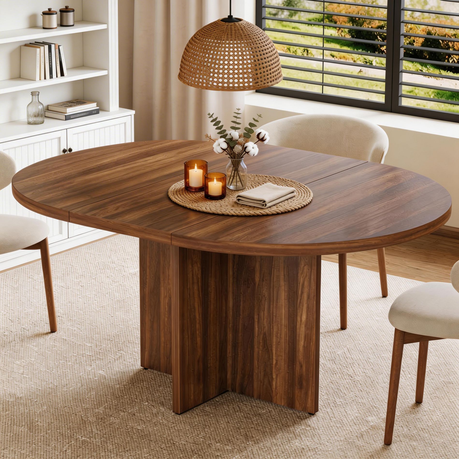 43.3''-59'' Extendable Round Dining Table for 4-8, Modern Kitchen Oval Dining Table with Removable Leaves, Wooden Kitchen Table
