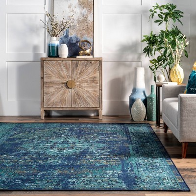 Reversible Blue Synthetic Vintage Persian Area Rug