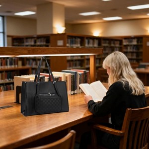 Lunch Tote Bag for Wome, Laptop Bags with Insulated Food Compartment, 16.5" PU Leather Work Bag, Leakproof Lunch Box, Black - 1 of 4
