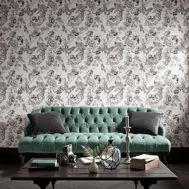 Skull Roses Black and White Floral Animals Paste the Wall Wallpaper, 2 of 5