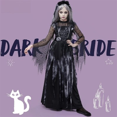 Joyfy Girls Princess Costume, Scary Black Dress Halloween Costumes Outfit with Headband for Kids Halloween Ghost Role Play Party