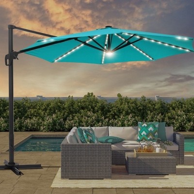 Sonkuki 11FT Round Offset Outdoor Patio Solar LED Cantilever Umbrella Aluminium Pole, 360° Rotation and Canopy Angle Adjustment