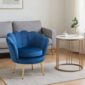 Resenkos Elegant Velvet Fabric Accent Chair, Leisure Club Chair with Gold Metal Legs, Lotus-Shaped Design, Blue - 1 of 4