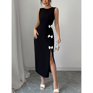 Sleeveless Midi Dress White Bow Accents Bodycon Split Cocktail Dress - 1 of 4