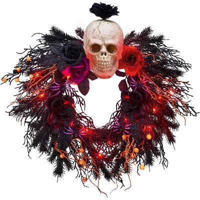 20" Halloween Wreath for Front Door, Halloween Artificial Wreath with Spider, Scary Skull, Rose