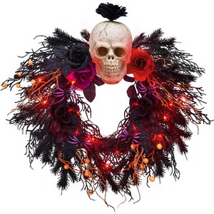 20" Halloween Wreath for Front Door, Halloween Artificial Wreath with Spider, Scary Skull, Rose - 1 of 4