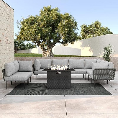 LayinSun 9 Pieces Rope Woven Patio Furniture Set, Modern Modular Sectional Sofa with Fire Pit Table and Upgrade Thickness Cushion