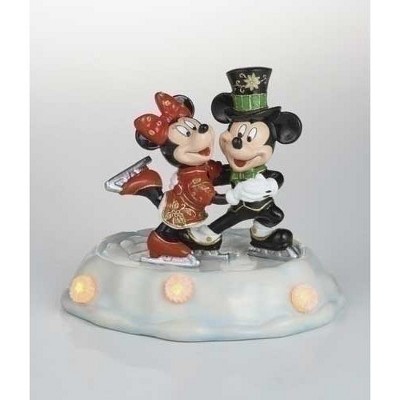 Roman Pre-Lit Black and Red Cloisonne Mickey with Minnie Skating Christmas Figurine 7"