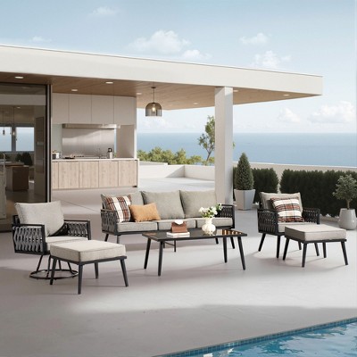 XIZZI Outdoor Woven Sling Sofa 6-Piece Set with Rotating Chair, Water-Resistant Fabric, Modern Patio Furniture - Black/Dark Gray/Light Gray