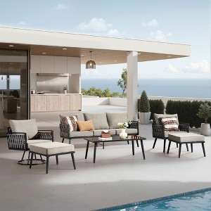 XIZZI Outdoor Woven Sling Sofa 6-Piece Set with Rotating Chair, Water-Resistant Fabric, Modern Patio Furniture - Black/Dark Gray/Light Gray - 1 of 4